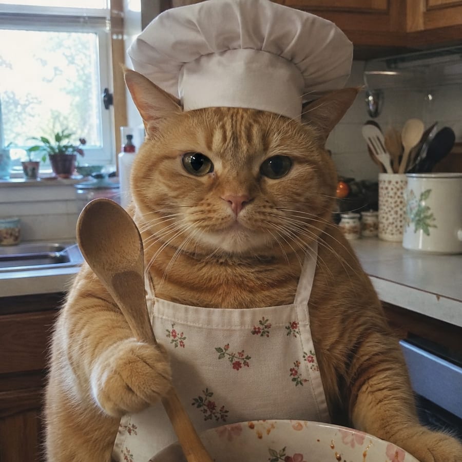 Chef Cat in a white chef's hat and apron, holding a wooden spoon in a kitchen